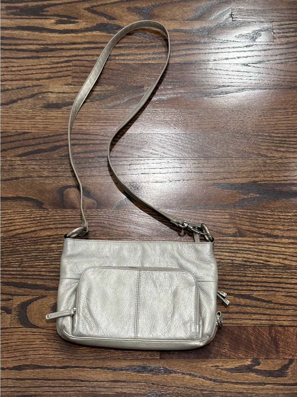 Tignanello Metallic Light Gray Leather Crossbody